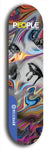 Limited edition, North American maple skateboard deck designed by underground artist BellyRash -- available in widths 7.5 to 8.5 inches in both mellow concave and steep concave shapes. Artwork: PEOPLE brand popsicle-shaped skateboard deck with a black and white human face inside a swirling multi-colored background