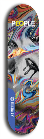 Limited edition, North American maple skateboard deck designed by underground artist BellyRash -- available in widths 7.5 to 8.5 inches in both mellow concave and steep concave shapes. Artwork: PEOPLE brand popsicle-shaped skateboard deck with a black and white human face inside a swirling multi-colored background