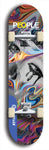 Limited edition, North American maple skateboard deck designed by underground artist BellyRash -- available in widths 7.5 to 8.5 inches in both mellow concave and steep concave shapes. Artwork: PEOPLE brand popsicle-shaped skateboard deck with a black and white human face inside a swirling multi-colored background