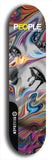 Limited edition, North American maple skateboard deck designed by underground artist BellyRash -- available in widths 7.5 to 8.5 inches in both mellow concave and steep concave shapes. Artwork: PEOPLE brand popsicle-shaped skateboard deck with a black and white human face inside a swirling multi-colored background