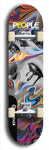 Limited edition, North American maple skateboard deck designed by underground artist BellyRash -- available in widths 7.5 to 8.5 inches in both mellow concave and steep concave shapes. Artwork: PEOPLE brand popsicle-shaped skateboard deck with a black and white human face inside a swirling multi-colored background