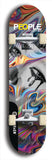 Limited edition, North American maple skateboard deck designed by underground artist BellyRash -- available in widths 7.5 to 8.5 inches in both mellow concave and steep concave shapes. Artwork: PEOPLE brand popsicle-shaped skateboard deck with a black and white human face inside a swirling multi-colored background