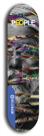 Limited edition, North American maple skateboard deck designed by underground artist BellyRash -- available in widths 7.5 to 8.5 inches in both mellow concave and steep concave shapes. Artwork: PEOPLE brand popsicle-shaped skateboard deck with a black and white human face inside a swirling multi-colored background