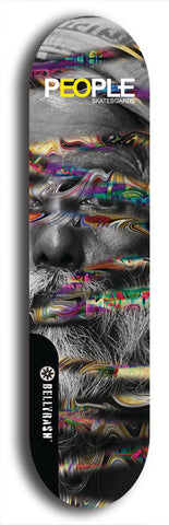 Limited edition, North American maple skateboard deck designed by underground artist BellyRash -- available in widths 7.5 to 8.5 inches in both mellow concave and steep concave shapes. Artwork: PEOPLE brand popsicle-shaped skateboard deck with a black and white human face inside a swirling multi-colored background