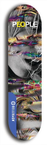 Limited edition, North American maple skateboard deck designed by underground artist BellyRash -- available in widths 7.5 to 8.5 inches in both mellow concave and steep concave shapes. Artwork: PEOPLE brand popsicle-shaped skateboard deck with a black and white human face inside a swirling multi-colored background