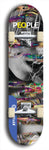 Limited edition, North American maple skateboard deck designed by underground artist BellyRash -- available in widths 7.5 to 8.5 inches in both mellow concave and steep concave shapes. Artwork: PEOPLE brand popsicle-shaped skateboard deck with a black and white human face inside a swirling multi-colored background