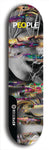 Limited edition, North American maple skateboard deck designed by underground artist BellyRash -- available in widths 7.5 to 8.5 inches in both mellow concave and steep concave shapes. Artwork: PEOPLE brand popsicle-shaped skateboard deck with a black and white human face inside a swirling multi-colored background