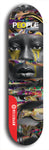 Limited edition, North American maple skateboard deck designed by underground artist BellyRash -- available in widths 7.5 to 8.5 inches in both mellow concave and steep concave shapes. Artwork: PEOPLE brand popsicle-shaped skateboard deck with a black and white human face inside a swirling multi-colored background