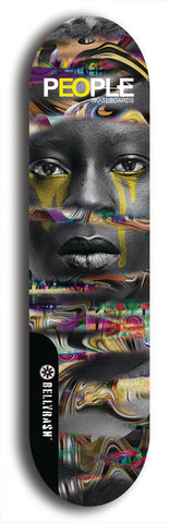 Limited edition, North American maple skateboard deck designed by underground artist BellyRash -- available in widths 7.5 to 8.5 inches in both mellow concave and steep concave shapes. Artwork: PEOPLE brand popsicle-shaped skateboard deck with a black and white human face inside a swirling multi-colored background