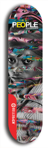 Limited edition, North American maple skateboard deck designed by underground artist BellyRash -- available in widths 7.5 to 8.5 inches in both mellow concave and steep concave shapes. Artwork: PEOPLE brand popsicle-shaped skateboard deck with a black and white human face inside a swirling multi-colored background