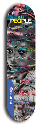 Limited edition, North American maple skateboard deck designed by underground artist BellyRash -- available in widths 7.5 to 8.5 inches in both mellow concave and steep concave shapes. Artwork: PEOPLE brand popsicle-shaped skateboard deck with a black and white human face inside a swirling multi-colored background