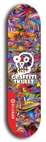 Skateboard deck: Limited edition, North American maple skateboard deck designed by underground artist BellyRash - available widths 7.5 to 8.5 inches in both mellow concave and steep concave shapes. Artwork: GRAFFITI SKULLZ logo brand popsicle-shaped deck with graffiti or street art background