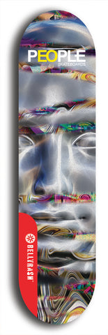Limited edition, North American maple skateboard deck designed by underground artist BellyRash -- available in widths 7.5 to 8.5 inches in both mellow concave and steep concave shapes. Artwork: PEOPLE brand popsicle-shaped skateboard deck with a black and white human face inside a swirling multi-colored background