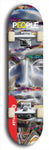 Limited edition, North American maple skateboard deck designed by underground artist BellyRash -- available in widths 7.5 to 8.5 inches in both mellow concave and steep concave shapes. Artwork: PEOPLE brand popsicle-shaped skateboard deck with a black and white human face inside a swirling multi-colored background