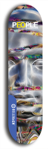 Limited edition, North American maple skateboard deck designed by underground artist BellyRash -- available in widths 7.5 to 8.5 inches in both mellow concave and steep concave shapes. Artwork: PEOPLE brand popsicle-shaped skateboard deck with a black and white human face inside a swirling multi-colored background