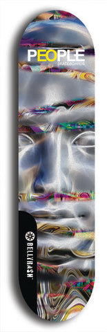 Limited edition, North American maple skateboard deck designed by underground artist BellyRash -- available in widths 7.5 to 8.5 inches in both mellow concave and steep concave shapes. Artwork: PEOPLE brand popsicle-shaped skateboard deck with a black and white human face inside a swirling multi-colored background