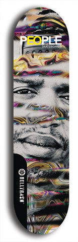 Limited edition, North American maple skateboard deck designed by underground artist BellyRash -- available in widths 7.5 to 8.5 inches in both mellow concave and steep concave shapes. Artwork: PEOPLE brand popsicle-shaped skateboard deck with a black and white human face inside a swirling multi-colored background