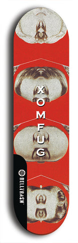 Skateboard deck: Limited edition, North American maple skateboard deck designed by underground artist BellyRash - available widths 7.5 to 8.5 inches in both mellow concave and steep concave shapes. Artwork: XOMFUG logo brand popsicle-shaped deck