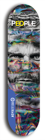 Limited edition, North American maple skateboard deck designed by underground artist BellyRash -- available in widths 7.5 to 8.5 inches in both mellow concave and steep concave shapes. Artwork: PEOPLE brand popsicle-shaped skateboard deck with a black and white human face inside a swirling multi-colored background