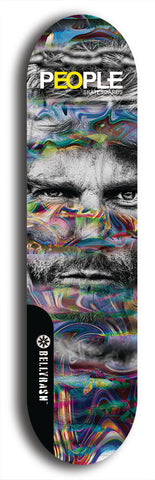 Limited edition, North American maple skateboard deck designed by underground artist BellyRash -- available in widths 7.5 to 8.5 inches in both mellow concave and steep concave shapes. Artwork: PEOPLE brand popsicle-shaped skateboard deck with a black and white human face inside a swirling multi-colored background