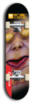 Skateboard deck: Limited edition, North American maple skateboard deck designed by underground artist BellyRash -- available in widths 7.5 to 8.5 inches in both mellow concave and steep concave shapes. Artwork: BUTTUGLY MONSTERS brand popsicle-shaped skateboard deck with monster in background. 