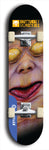 Skateboard deck: Limited edition, North American maple skateboard deck designed by underground artist BellyRash -- available in widths 7.5 to 8.5 inches in both mellow concave and steep concave shapes. Artwork: BUTTUGLY MONSTERS brand popsicle-shaped skateboard deck with monster in background. 