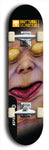 Skateboard deck: Limited edition, North American maple skateboard deck designed by underground artist BellyRash -- available in widths 7.5 to 8.5 inches in both mellow concave and steep concave shapes. Artwork: BUTTUGLY MONSTERS brand popsicle-shaped skateboard deck with monster in background. 