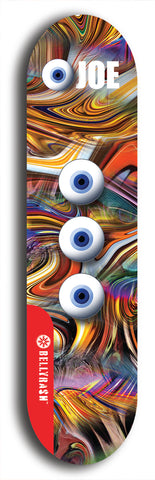 Skateboard deck: Limited edition, North American maple skateboard deck designed by underground artist BellyRash - available widths 7.5 to 8.5 inches in both mellow concave and steep concave shapes. Artwork: EYEBALL JOE logo brand popsicle-shaped deck 