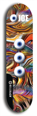 Skateboard deck: Limited edition, North American maple skateboard deck designed by underground artist BellyRash - available widths 7.5 to 8.5 inches in both mellow concave and steep concave shapes. Artwork: EYEBALL JOE logo brand popsicle-shaped deck 