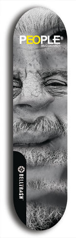 Limited edition, North American maple skateboard deck designed by underground artist BellyRash -- available in widths 7.5 to 8.5 inches in both mellow concave and steep concave shapes. Artwork: PEOPLE brand popsicle-shaped skateboard deck with a black and white human face inside a swirling multi-colored background