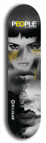 Limited edition, North American maple skateboard deck designed by underground artist BellyRash -- available in widths 7.5 to 8.5 inches in both mellow concave and steep concave shapes. Artwork: PEOPLE brand popsicle-shaped skateboard deck with a black and white human face inside a swirling multi-colored background