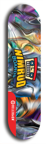 Skateboard deck: Limited edition, North American maple skateboard deck designed by underground artist BellyRash -- available in widths 7.5 to 8.5 inches in both mellow concave and steep concave shapes. Artwork: NIMROD brand popsicle-shaped skateboard deck with NIMROD logo on dark background. 