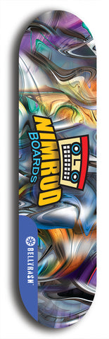 Skateboard deck: Limited edition, North American maple skateboard deck designed by underground artist BellyRash -- available in widths 7.5 to 8.5 inches in both mellow concave and steep concave shapes. Artwork: NIMROD brand popsicle-shaped skateboard deck with NIMROD logo on dark background. 