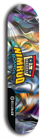 Skateboard deck: Limited edition, North American maple skateboard deck designed by underground artist BellyRash -- available in widths 7.5 to 8.5 inches in both mellow concave and steep concave shapes. Artwork: NIMROD brand popsicle-shaped skateboard deck with NIMROD logo