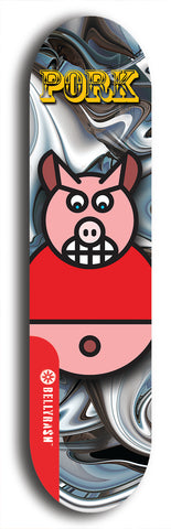 Limited edition, North American maple skateboard deck designed by underground artist BellyRash -- available in widths 7.5 to 8.5 inches in both mellow concave and steep concave shapes. Artwork: PORK BELLY BOB brand popsicle-shaped skateboard deck with a varied, multi-colored background