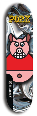 Limited edition, North American maple skateboard deck designed by underground artist BellyRash -- available in widths 7.5 to 8.5 inches in both mellow concave and steep concave shapes. Artwork: PORK BELLY BOB brand popsicle-shaped skateboard deck with a varied, multi-colored background