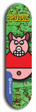 Limited edition, North American maple skateboard deck designed by underground artist BellyRash -- available in widths 7.5 to 8.5 inches in both mellow concave and steep concave shapes. Artwork: PORK BELLY BOB brand popsicle-shaped skateboard deck with a varied, multi-colored background