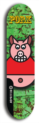 Limited edition, North American maple skateboard deck designed by underground artist BellyRash -- available in widths 7.5 to 8.5 inches in both mellow concave and steep concave shapes. Artwork: PORK BELLY BOB brand popsicle-shaped skateboard deck with a varied, multi-colored background