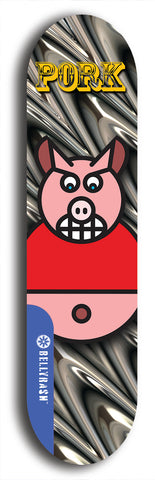 Limited edition, North American maple skateboard deck designed by underground artist BellyRash -- available in widths 7.5 to 8.5 inches in both mellow concave and steep concave shapes. Artwork: PORK BELLY BOB brand popsicle-shaped skateboard deck with a varied, multi-colored background