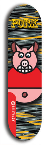 Limited edition, North American maple skateboard deck designed by underground artist BellyRash -- available in widths 7.5 to 8.5 inches in both mellow concave and steep concave shapes. Artwork: PORK BELLY BOB brand popsicle-shaped skateboard deck with a varied, multi-colored background