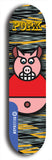 Limited edition, North American maple skateboard deck designed by underground artist BellyRash -- available in widths 7.5 to 8.5 inches in both mellow concave and steep concave shapes. Artwork: PORK BELLY BOB brand popsicle-shaped skateboard deck with a varied, multi-colored background