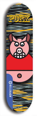 Limited edition, North American maple skateboard deck designed by underground artist BellyRash -- available in widths 7.5 to 8.5 inches in both mellow concave and steep concave shapes. Artwork: PORK BELLY BOB brand popsicle-shaped skateboard deck with a varied, multi-colored background