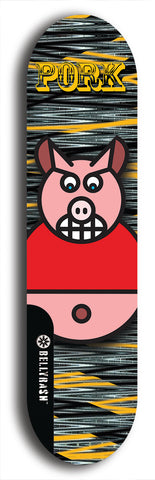 Limited edition, North American maple skateboard deck designed by underground artist BellyRash -- available in widths 7.5 to 8.5 inches in both mellow concave and steep concave shapes. Artwork: PORK BELLY BOB brand popsicle-shaped skateboard deck with a varied, multi-colored background