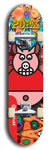 Limited edition, North American maple skateboard deck designed by underground artist BellyRash -- available in widths 7.5 to 8.5 inches in both mellow concave and steep concave shapes. Artwork: PORK BELLY BOB brand popsicle-shaped skateboard deck with a varied, multi-colored background