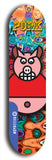 Limited edition, North American maple skateboard deck designed by underground artist BellyRash -- available in widths 7.5 to 8.5 inches in both mellow concave and steep concave shapes. Artwork: PORK BELLY BOB brand popsicle-shaped skateboard deck with a varied, multi-colored background