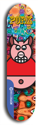 Limited edition, North American maple skateboard deck designed by underground artist BellyRash -- available in widths 7.5 to 8.5 inches in both mellow concave and steep concave shapes. Artwork: PORK BELLY BOB brand popsicle-shaped skateboard deck with a varied, multi-colored background