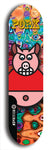 Limited edition, North American maple skateboard deck designed by underground artist BellyRash -- available in widths 7.5 to 8.5 inches in both mellow concave and steep concave shapes. Artwork: PORK BELLY BOB brand popsicle-shaped skateboard deck with a varied, multi-colored background