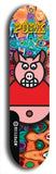 Limited edition, North American maple skateboard deck designed by underground artist BellyRash -- available in widths 7.5 to 8.5 inches in both mellow concave and steep concave shapes. Artwork: PORK BELLY BOB brand popsicle-shaped skateboard deck with a varied, multi-colored background