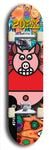 Limited edition, North American maple skateboard deck designed by underground artist BellyRash -- available in widths 7.5 to 8.5 inches in both mellow concave and steep concave shapes. Artwork: PORK BELLY BOB brand popsicle-shaped skateboard deck with a varied, multi-colored background