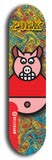 Limited edition, North American maple skateboard deck designed by underground artist BellyRash -- available in widths 7.5 to 8.5 inches in both mellow concave and steep concave shapes. Artwork: PORK BELLY BOB brand popsicle-shaped skateboard deck with a varied, multi-colored background